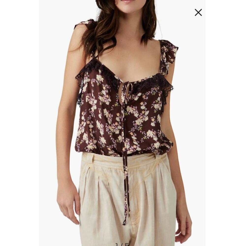 Intimately Free People Brown Floral Ruffle Bodysuit Size XS Boho Festival Indie